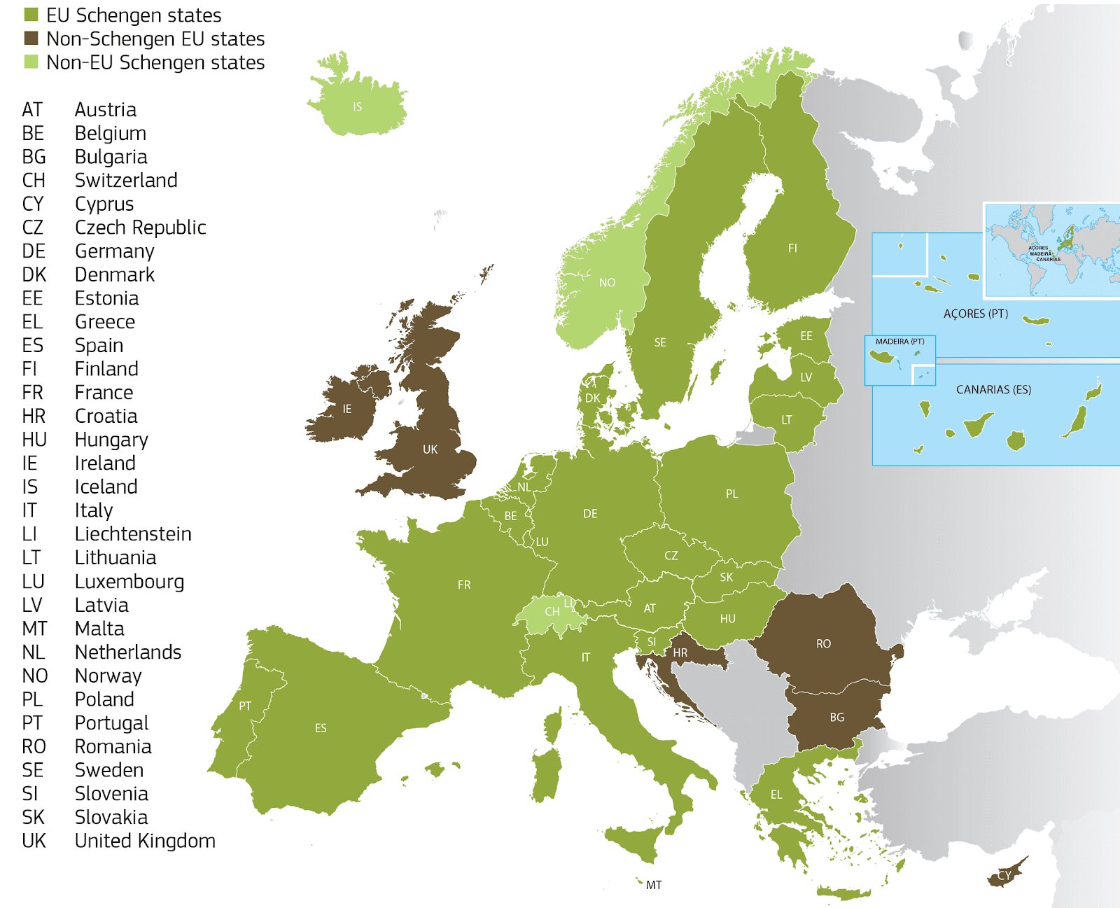 Difference between Schengen Countries, EU Countries and European Countries